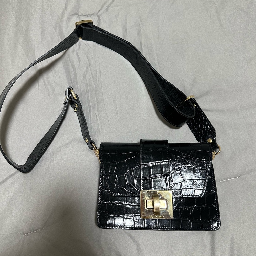 Valentino By Mario Valentino Black Crossbody Bag with Crocodile Texture
